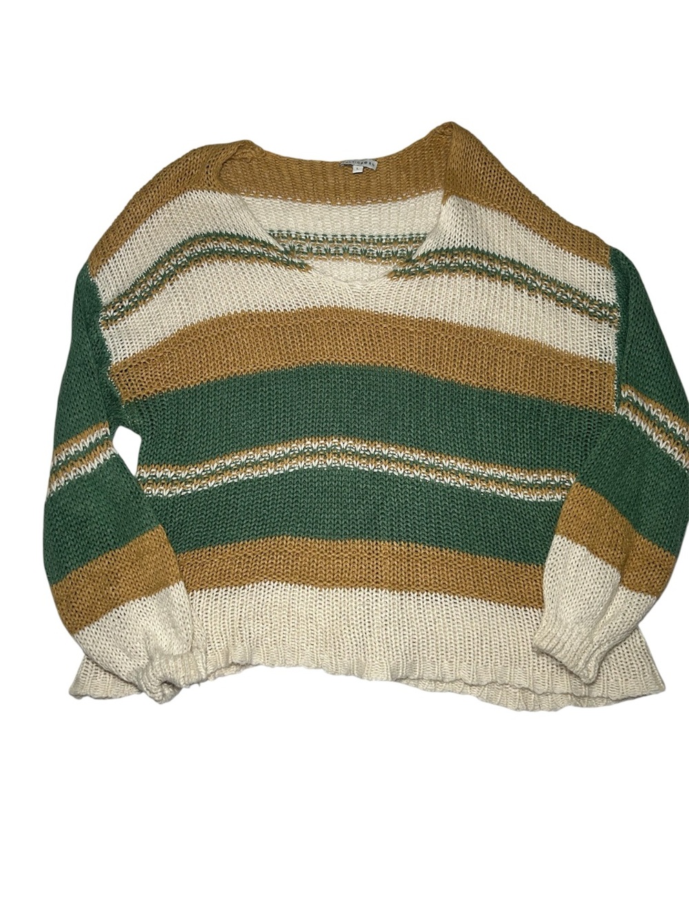Baltic Born Striped Green, Cream & Tan Women’s Knit Sweater Casual Sheer Warm L